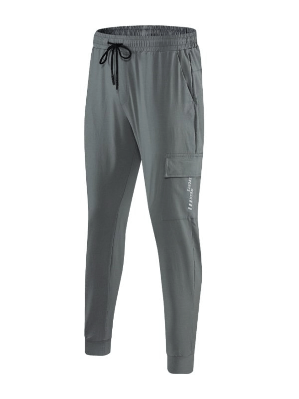 Grey quick-drying men's sports pants with side pockets and elastic waistband, perfect for running. Lightweight and breathable design.